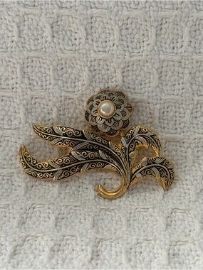 Vintage Damascene Faux Pearl Accent Flower Brooch Marked Spain